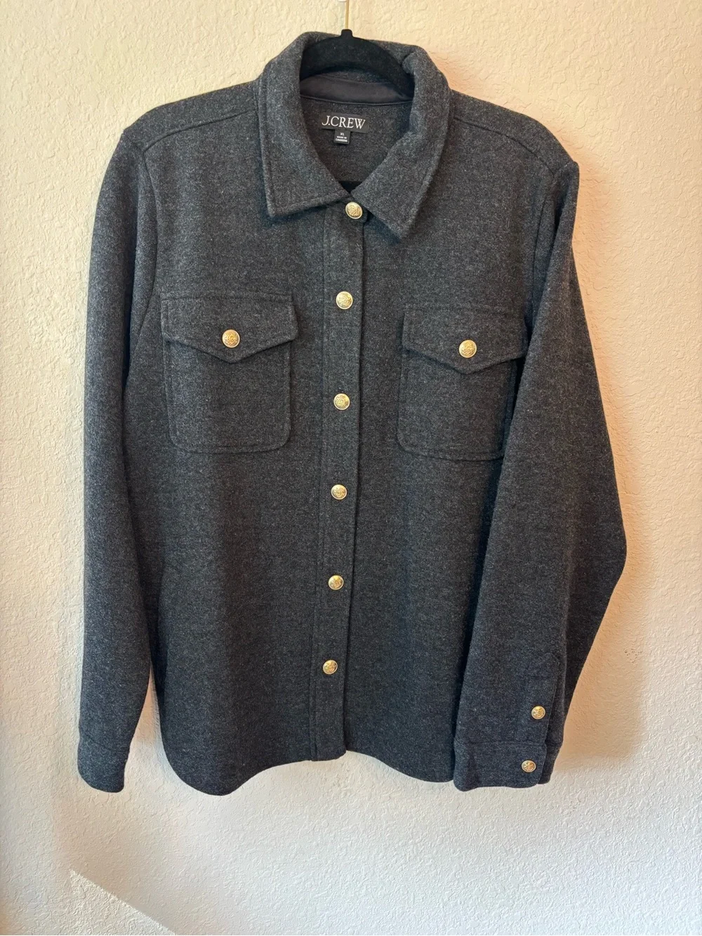 J.Crew Wool Blend Shacket Shirt Jacket Charcoal Gray Gold Buttons XL